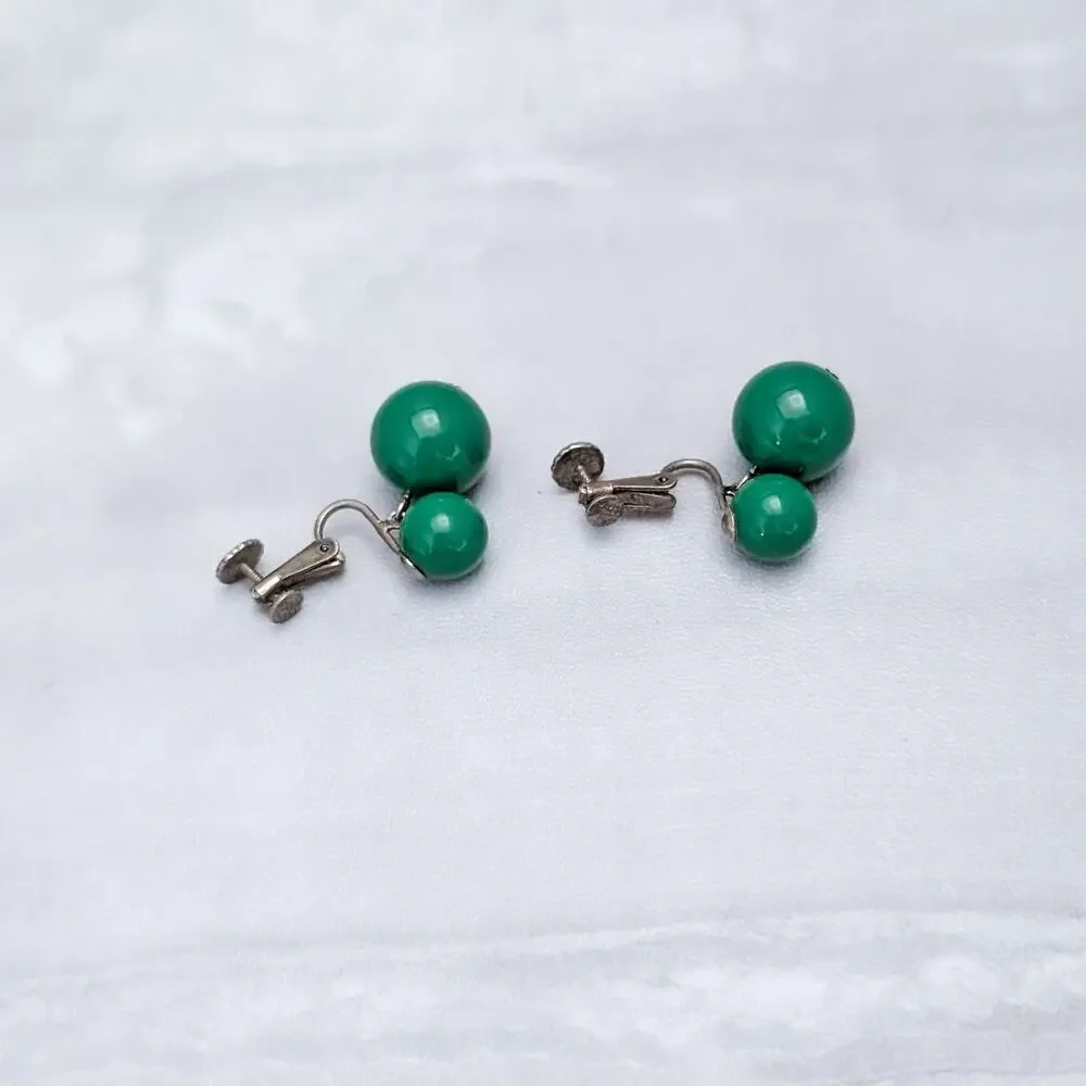 Vintage Richelieu Clip On Earrings Retro Pea Green Ball Duo Dangle Drop Earrings